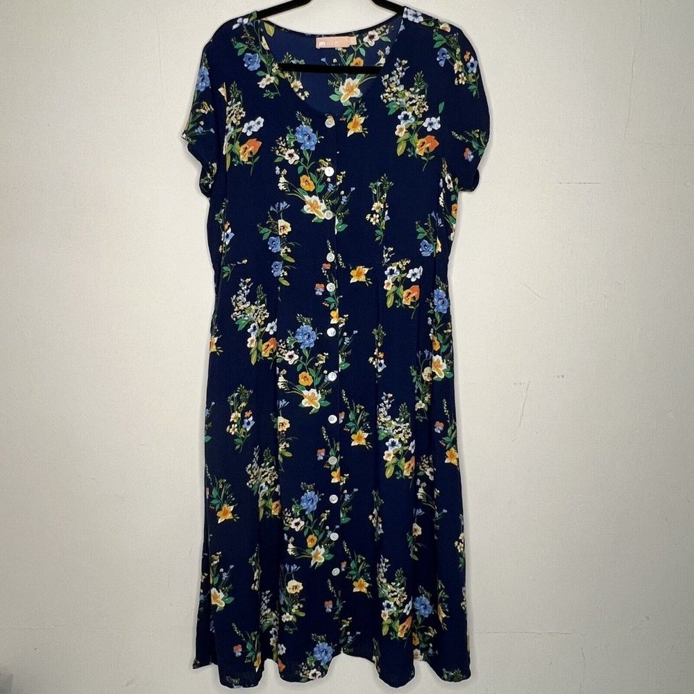 Navy Blue Floral Button-Front Women’s Dress